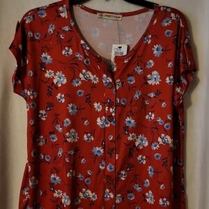 FLT STUDIO Red Short Sleeve Buttoned Blouse with Floral Pattern